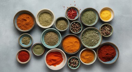 Assorted spices and herbs arranged in bowls on grey background