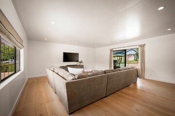Fototapeta premium Spacious modern home with open layout, upgraded kitchen, light-filled bedrooms, scenic aerial views,