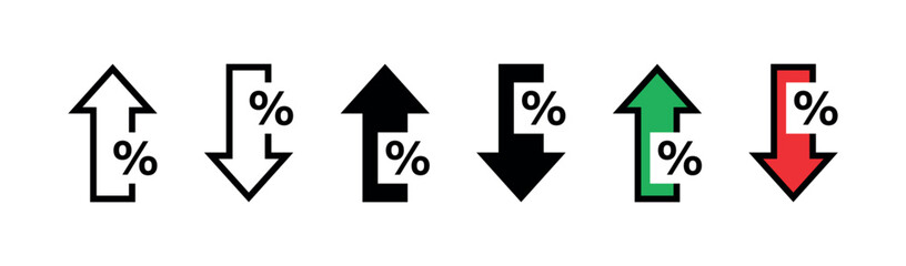 Percentage Growth and Decline Arrow Icon Set, Up and Down Trend Symbols for Finance, Economy, Investment, Market Analysis, and Statistics Vector Illustration