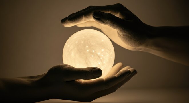 Two hands hold and surround glowing orb, creating mystical atmosphere