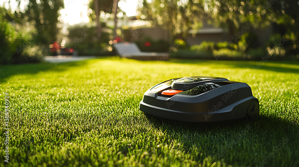 Poster an ai powered autonomous lawn mower efficiently mowing large lawns with precise movement and minimal