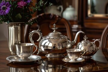 Elegant silver tea set on a polished wooden table with fresh flowers in the background