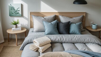 Generative AI, Scandinavian Bedroom with Light Oak Bed and Pale Blue Accents