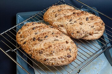 Two loaves of seeded bread on a cooling rack, freshly baked and ready to be sliced and served.