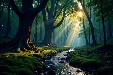 Enchanted Twilight Forest with Fireflies and a Winding Stream