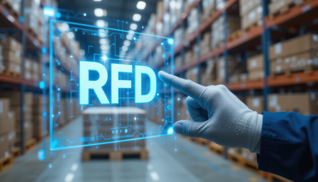 Warehouse technology showcasing RFD concept with hand pointing at digital display, emphasizing innovation and efficiency