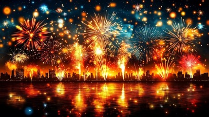 Cityscape Fireworks Dazzling New Years Eve Celebration.