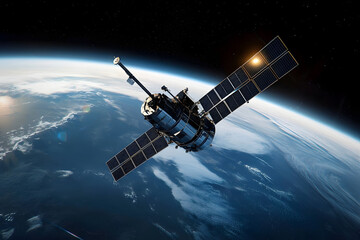 Obraz premium Space satellite with antenna and solar panels in space against the background of the earth.