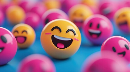 Smiling emoji spheres on a blue background