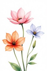 Naklejka premium Delicate watercolor flowers on white background, isolated, floral design, abstract flowers