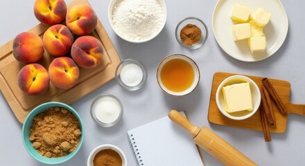 Ingredients for baking peach dessert including peaches, flour, butter, and spices