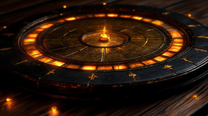 beautifully crafted circular dial with glowing orange lights, set against wooden background, evokes sense of mystery and intrigue