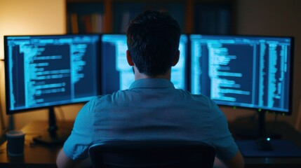 Focused Programmer Working Late at Night with Multiple Computer Screens