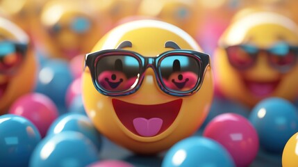 Smiling emoji with sunglasses amidst colorful balls