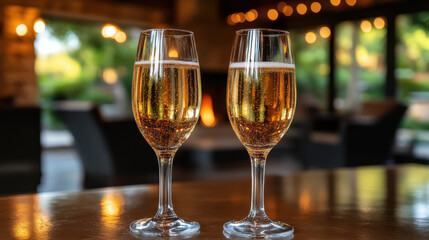 Two elegant champagne flutes filled with sparkling beverage, set against cozy background with warm lighting, creating festive atmosphere