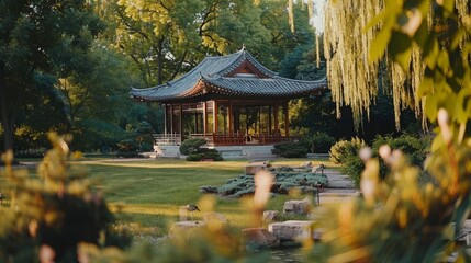 Fototapeta premium Elegant japanese gazebo in a tranquil garden, showcasing architectural beauty and soft lighting