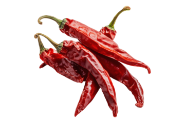 A bunch of dried red chili peppers with wrinkled texture and glossy surface, isolated on a white background. Concept of spicy food and seasoning