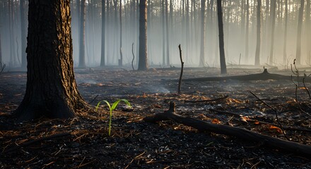 Burnt forest with a surviving plant in the ashes
