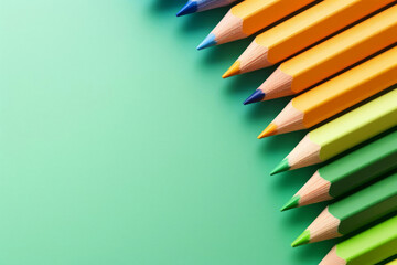 Colorful pencils arranged diagonally on green background