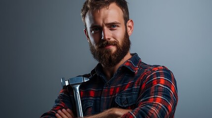 Confident Carpenter Hammer with Beard, and Studio Portrait.