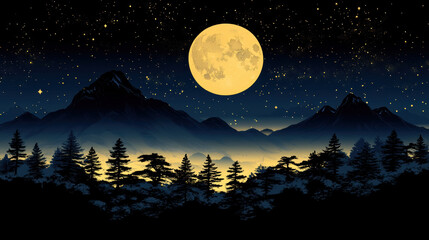 Naklejka premium serene night landscape featuring large full moon illuminating mountain range and silhouetted trees, creating tranquil atmosphere