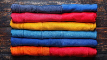 Colorful folded clothes arranged neatly on wooden surface create vibrant and organized display. bright hues evoke sense of freshness and order