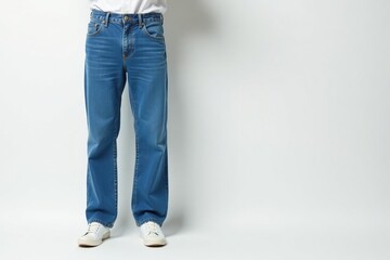 Classic blue jeans, crisp white backdrop Straight-leg style, front view , clothing, front, fly