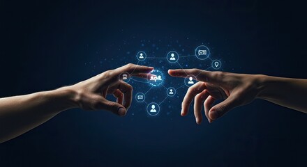 Digital connection and networking concept with human hands and technology icons