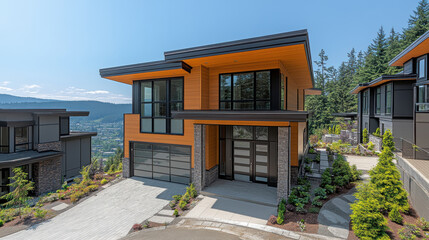 Modern home exterior with large windows, orange accents, and stone details, surrounded by greenery and scenic views