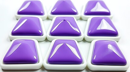 Nine identical purple objects on white rectangular containers are arranged