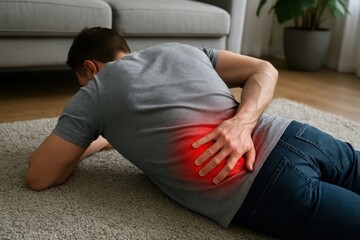Fototapeta premium Man suffering from back pain lying on floor at home