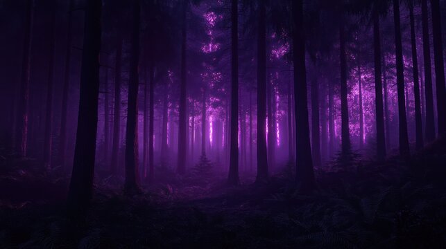 Mystical purple forest at night. Stock photo