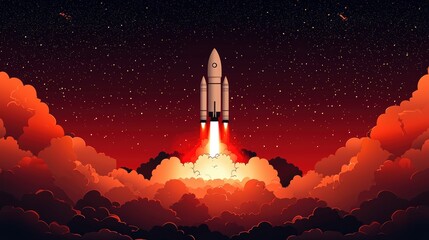 Fototapeta premium Rocket Launching from Cloudy Atmosphere into Starry Space at Dusk with Bright Flames and Smoke