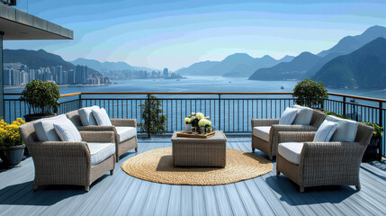 Obraz premium stunning outdoor terrace featuring cozy seating arrangement with wicker chairs and coffee table, overlooking breathtaking view of mountains
