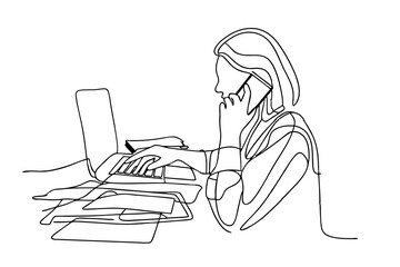 line drawing of female receiving calls while working front of computer, vector illustration 