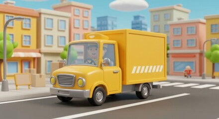 Naklejka premium Yellow Delivery Truck Cartoon Driving Through City Streets Delivering Packages