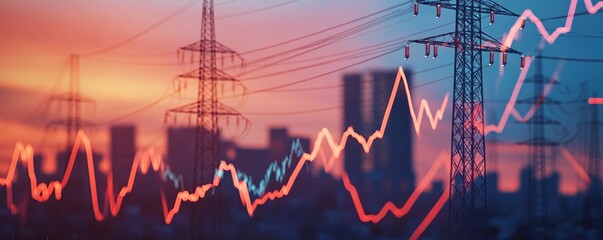 Electricity costs rising showing graph over power lines and city at sunset