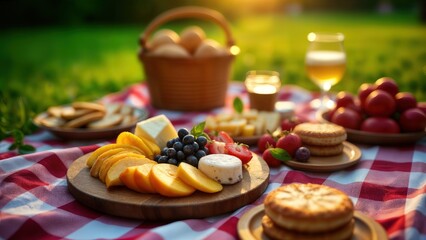Top-down close-up of a picnic food spread with fruits, cheese, bread, and desserts on wooden plates in a rustic setup. Captured in a green park during golden hour with soft warm light and shadows.