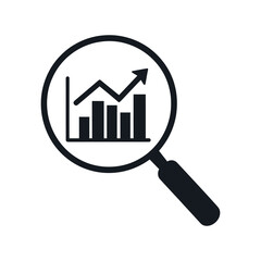 Magnifying glass with bar chart and upward arrow icon representing business analytics and financial growth