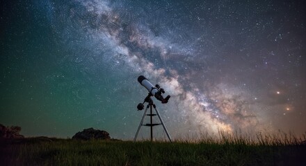 Telescope under Milky Way night sky, star gazing concept