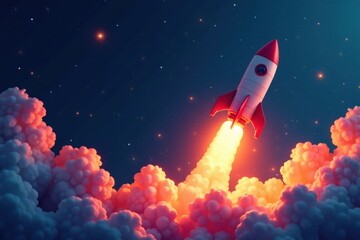 Rocket blasting off with chart rising in background , rocket, success