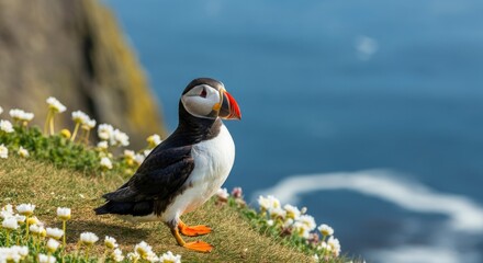 Atlantic puffin standing on grassy cliff edge with flowers, ocean backdrop