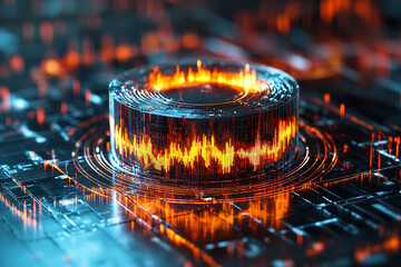 Digital sound visualization with glowing waveforms and intricate circuit patterns