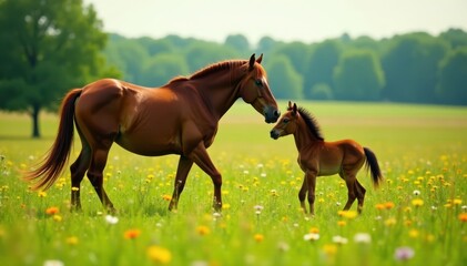 Fototapeta premium Mare with foal in a lush meadow, surrounded by wildflowers, nature, horses