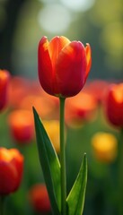 Naklejka premium Miniature human-like figure in tulip, leaf, garden