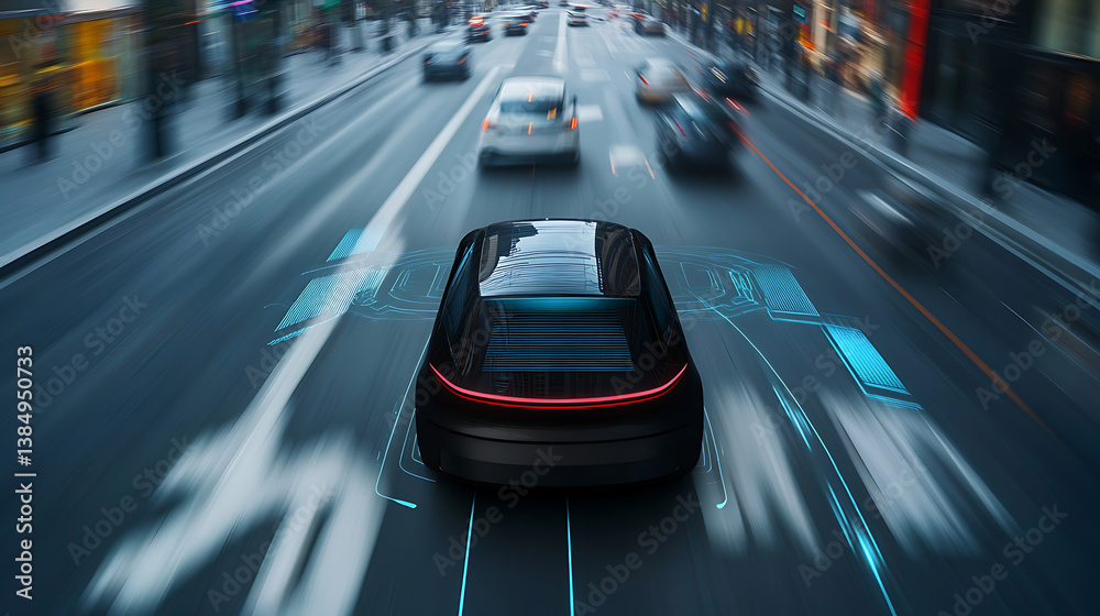 Poster an ai powered autonomous vehicle navigating a complex urban environment, sleek vehicle with real-tim
