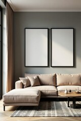 Modern living room interior with empty black photo frames, black frames, artistic display, blank walls