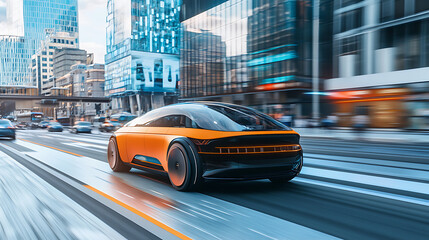 Fototapeta premium An AI powered autonomous vehicle navigating city streets with real time traffic analysis and obstacle avoidance, Transportation technology style, photo of