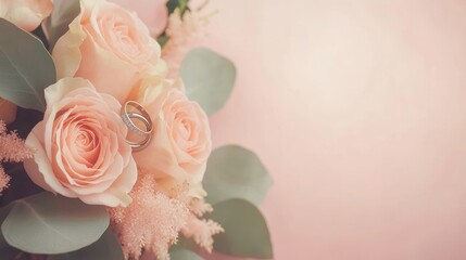 Fototapeta premium Delicate peach roses with wedding rings on a blush pink background backdrop