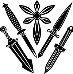 set of sword, Fantasy Warrior Weapon Emblem in Black and White